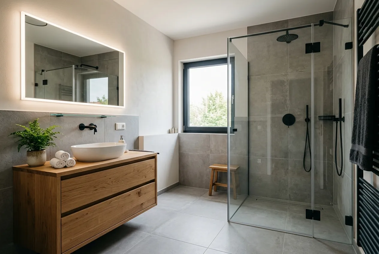 Modern saniertes Bad mit bodengleicher Dusche und Holzwaschtisch