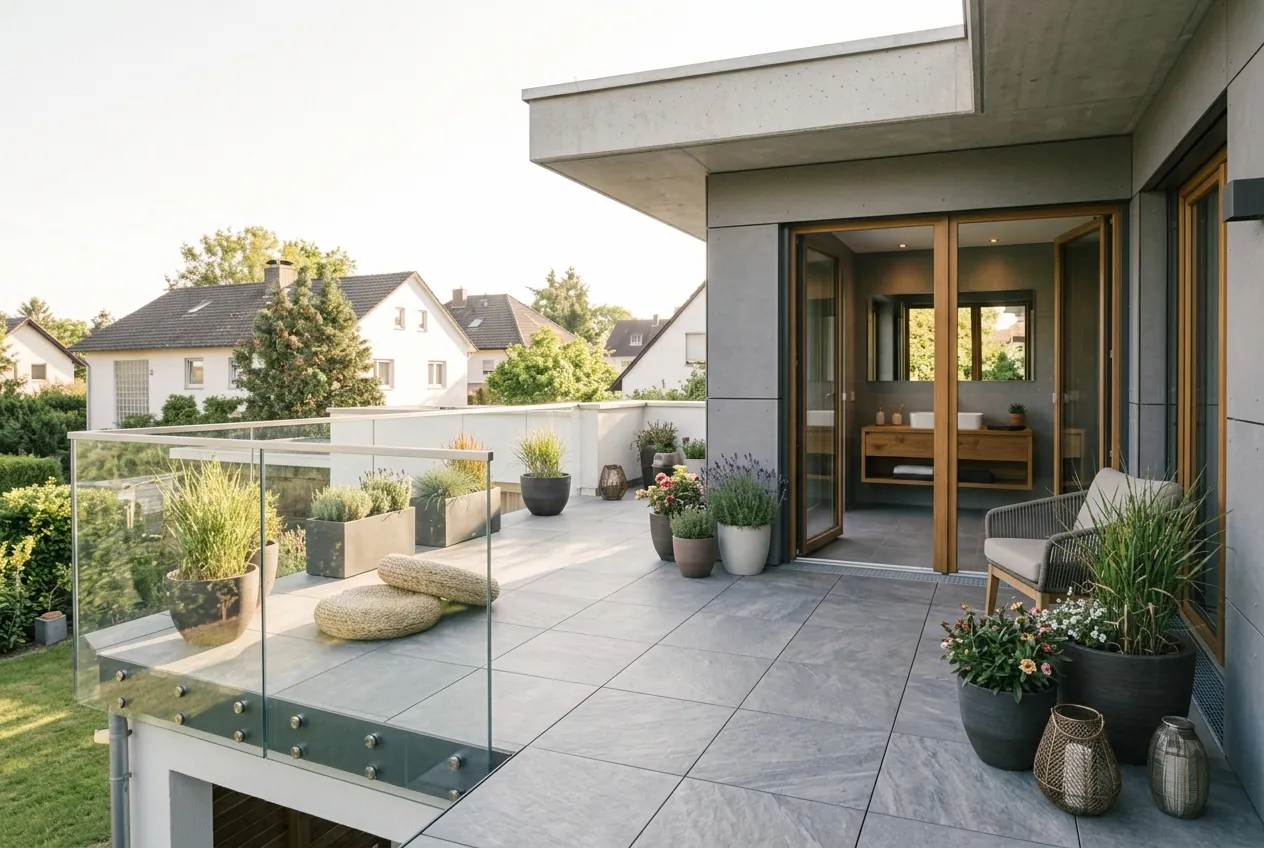 Neu sanierte Dachterrasse mit Glasgeländer und Pflanzkübeln